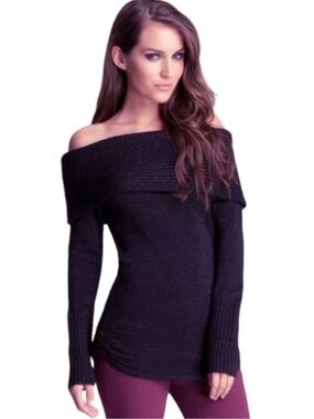 Bebe Black Shimmer Off The Shoulder Cowl Neck Long Sleeve Sweater Size Small